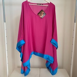 New Iman Global Chic Raspberry Pink & Blue Poncho Top Plus Size 2X 3X